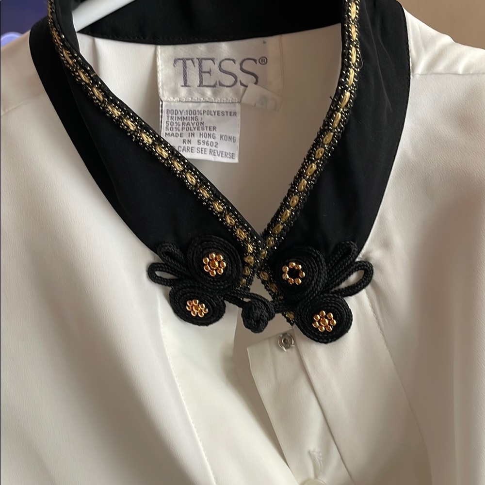 Vintage Black and White Embellished Blouse with Mandarin Collar